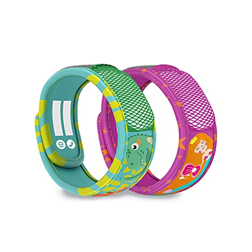 PARA'KITO Mosquito Repellent Pack - 2 Kids Wristbands & 2 Refills Green Dinosaur/Mermaid