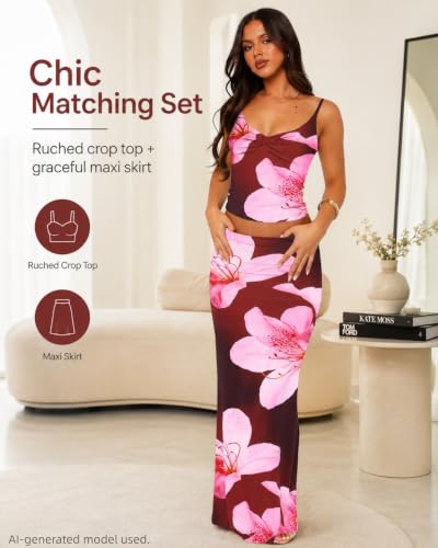 Image of Two Piece Skirt Set Women Maxi Long Skirt and Top Outfit | Soft stretchy 5 pc, slim bodycon, adjustable spaghetti straps, ruched crop tank, elastic waist, going out, beach vacation