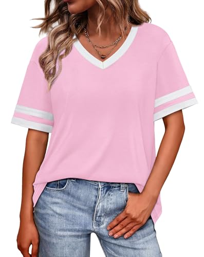 Image of WIHOLL Womens T Shirts Loose Fit Short Sleeve Tees V Neck Color Block Summer Tops 2026 Fashion S-4XL