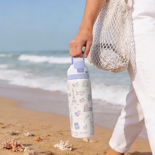 Image of Travel Lover Stainless Steel Water Bottle, Vacuum Insulated, Push-Button Lid, 32 oz, Gifts for Women Girls Friends Teens Birthday Christmas