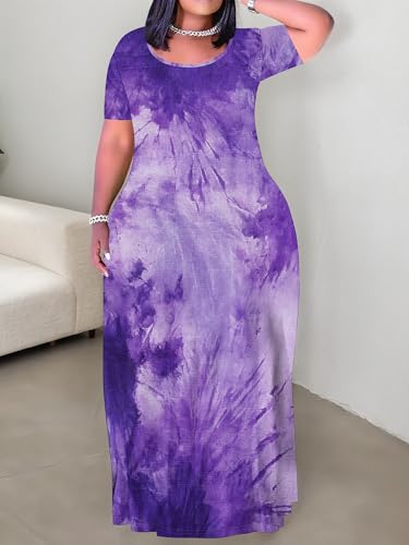 Image of PinkPatty Plus Size Dress for Women Casual Crew Neck Short Sleeve Maxi Dress Oversized Summer Beach Dresses with Pockets