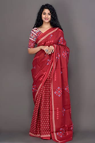 Kiaaron Women's Ikat Hand Block Print Jaipuri Cotton Mulmul Saree with Blouse Piece