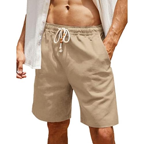 COOFANDY Men's Linen Shorts Casual Elastic Waist Drawstring Summer Beach Shorts Small 1 Dark Khaki