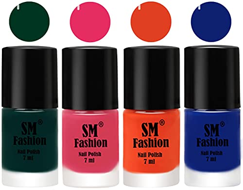 Image of Nail Polish Combo Set (Pack of 4) Quick Dry Gel Finish Nail Paint | Dark Green,Dark Rose Pink,Reddish Orange ,Blue | 7 ml Each