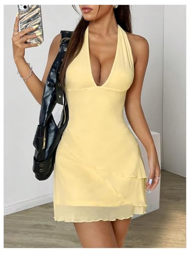 WDIRARA Women's Sleeveless Tie Backless Halter Dress Wrap Lettuce Trim Short Dress3