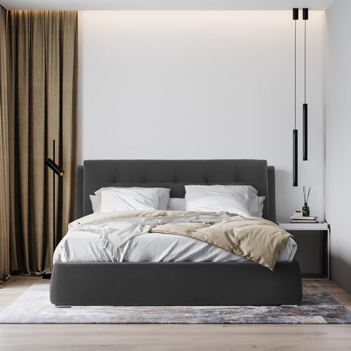 Image of Wakefit Bed | King (78 X 72) Solid Wood Bed, Upholstered, with Storage, 3 Year Warranty - Lanta - Omega Ash Grey
