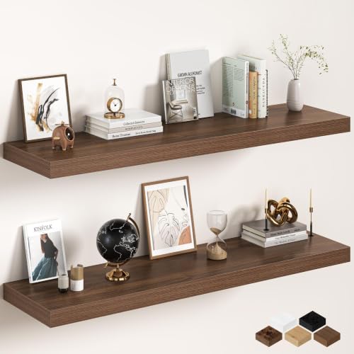 Image of Walnut Floating Shelves 55Inch Long, 12 Inch Deep Floating Shelves for Wall, 55 x 12 Large Floating Shelf for Fireplace Mantel, 2 inch Thicked Rustic Wall Shelves for Living Room, Bedroom Storage, 2 Packs