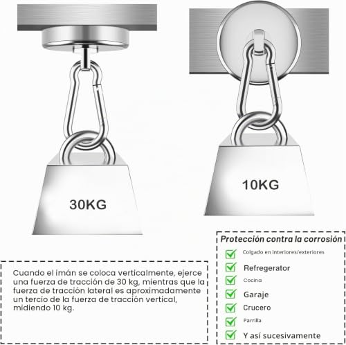 Miniatura 3 de Fhintory Gancho Iman Neodimio 30kg, 4 Piezas Gancho Iman 32mm, Gancho Magnetico Con Ganchos Imantados Giratorios 360 Para Frigoríficos, Cocinas, Garajes, Camping