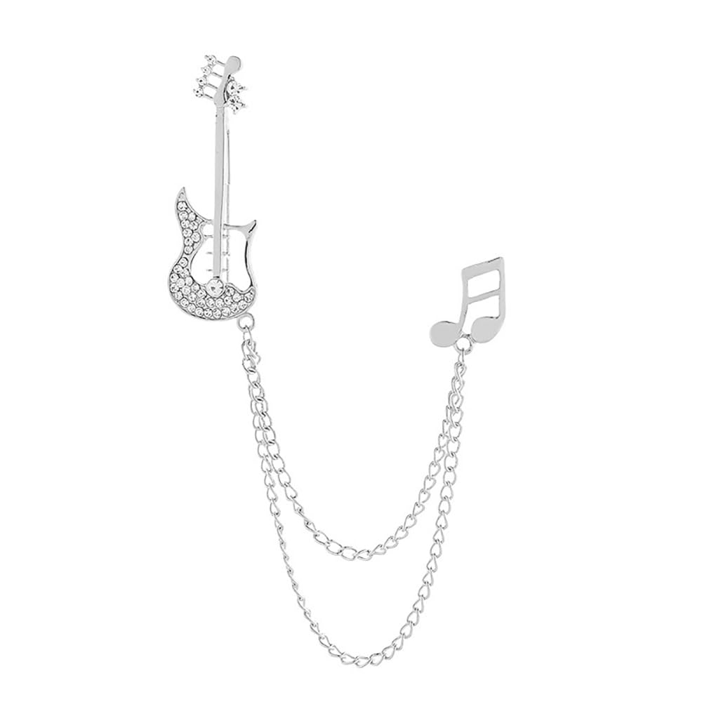 Fashion Guitar Long Chain Lapel Brooch Pin with Music Note Rhinestone Musical Instrument Tassel Pins for Women Girls Men Suit Sweater Coat Jacket