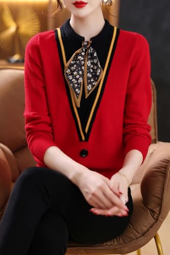 Image of LAI MENG FIVE CATS Women's Fall Tie Neck Sweater Shirt Long Sleeve Patchwork Knit Retro Pullover Tops