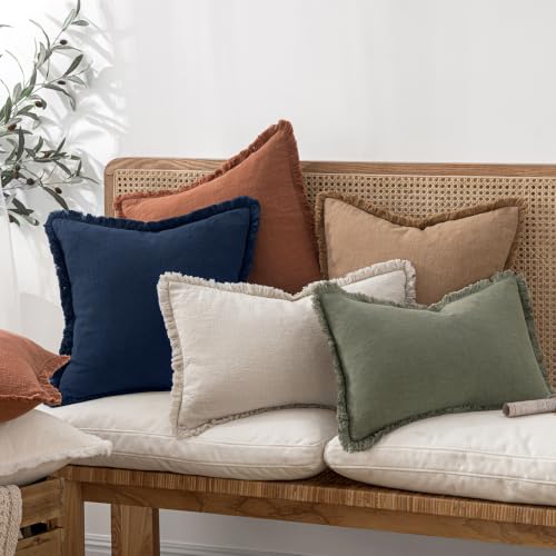 Image of MIULEE Boho Linen Fringe Decorative Throw Pillow Covers Dark Navy 20x20 | Set of 2, Cottagecore Decor, Boho Farmhouse Coastal Pillow Covers, Rustic Couch Cushion Cases for Sofa Bed Living Room