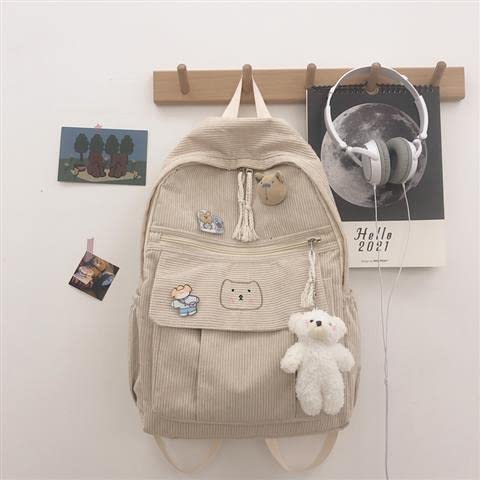 YUESUO Large Kawaii Corduroy Backpack with Cute Bear Pendant Vintage Bag for Girl Student School Bag Bookbag Satchel Laptop (Beige,Medium) - Image 3