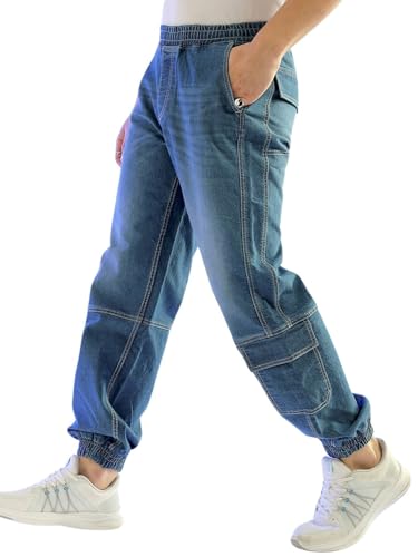 Image of The Indian Garage Co Men Loose Fit Solid Mid-Rise Stretchable Denim Joggers