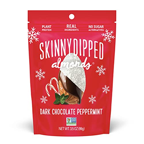 SkinnyDipped Dark Chocolate Peppermint Almonds, Healthy Snack, Plant Protein, Gluten Free, 3.5 oz Resealable Bag, Pack of 1