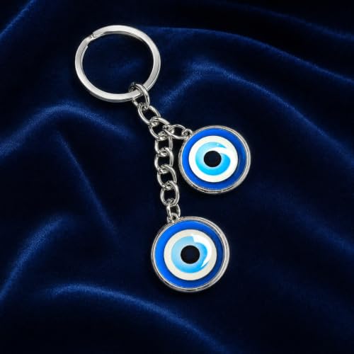 Image of Evil Eye Keychain with Double Blue Charm, Silver Chain
