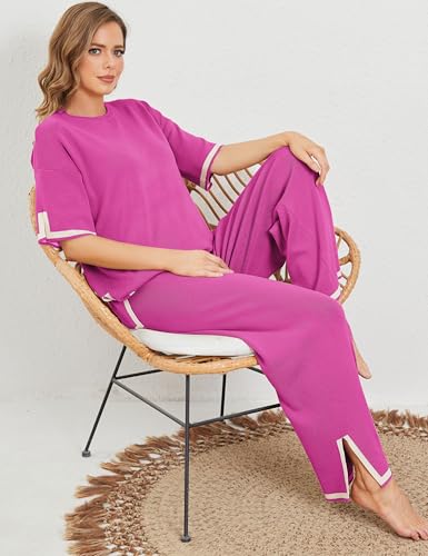 Image of Tanming Sweater Sets Women 2 Piece Lounge Sets Short Sleeve Knit Pullover Tops Wide Leg Pants