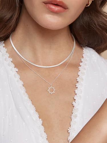 Moodear Sliver Layered Necklaces for Women Trendy Dainty Herringbone 925 Sterling Silver Snake Stack Sun Zirconia Pendant Choker Necklaces Jewelry Gifts4