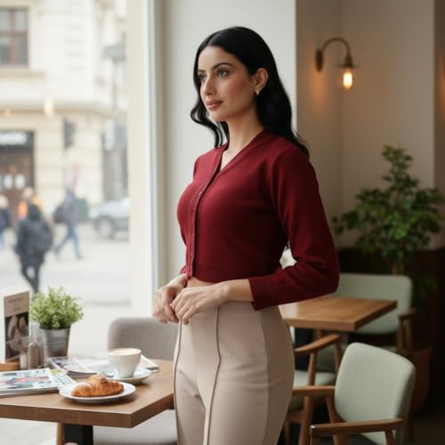 Image of Women Winter Wear V-Neck Full Sleeves Regular Fit Woollen Blouse