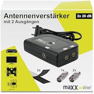 maxx.onLine Wzmacniacz antenowy z 2 wyjściami 2 x 20 dB wzmocnienie w zestawie adapter F, 85-1006 MHz, telewizja kablowa, wzmacniacz kablowy, wzmacniacz do mieszkania