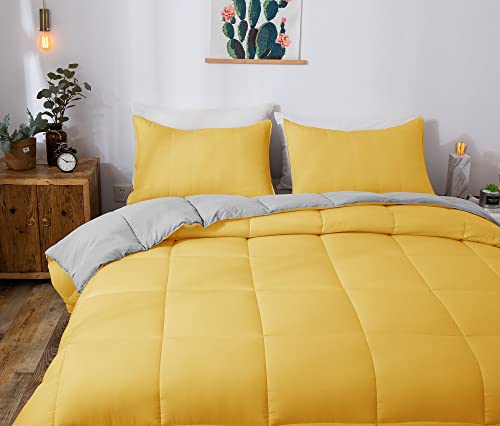 Domdec 3-Piece Down Alternative Quilted Comforter Set All Season Reversible Duvet Insert With 2 Standard Pillow Shams Machine Washable Light Weight(Full/Queen Set, Yellow/Grey) #TOP2