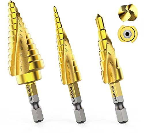 Hss Titanium Step Drill Bits 3 Pieces, Hss Cobalt Porous Over 30 Sizes Titanium Step Drill Bit Set, T-4241 High Speed Metal Steel Drill Dual Cut Blade Porous Step Drill Bits Perfect for DIY Hobbyists
