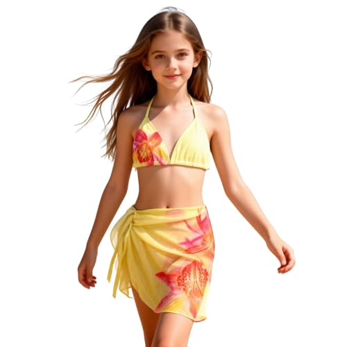 Conjunto Bikini Niña 3 Piezas con Falda Sarong con Top para Niñas Bañador de Playa de Verano Top+Rocks +Slips Bañador Infantil con Falda Traje de Baño para Niñas 7-16 Años