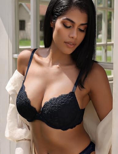 Image of Deyllo Women's Push Up Lace Bra Comfort Padded Underwire Bra Lift Up Add One Cup