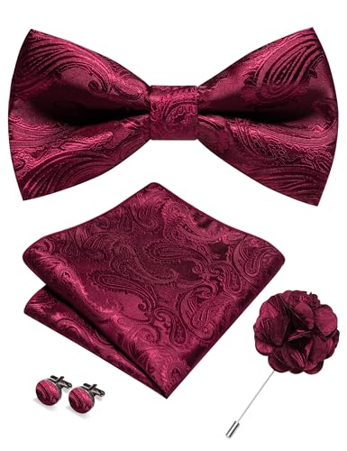 Image of RBOCOTT Paisley Bow Tie and Pocket Sqaure Set with Lapel Pin and Cufflinks for Men