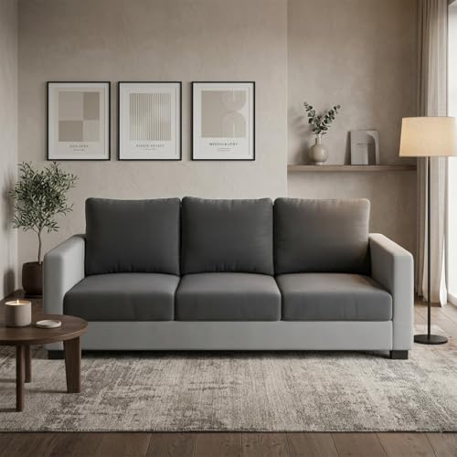 Image of FURNY Haster 3 Seater Fabric Sofa Set (Dark Gray-Light Gray) with Velvet Finish | Durable Comfort | Ideal for Living Room