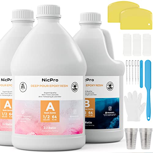 Nicpro 1.5 Gallon Deep Pour Epoxy Resin Kit, 2 To 4 Inch Depth Crystal Clear & High Gloss, Bubble Free Epoxy Resin For Craft River Table,Wood Filler, Bar Top, Coating Casting, Food Safe Self Level 2:1 #TOP12