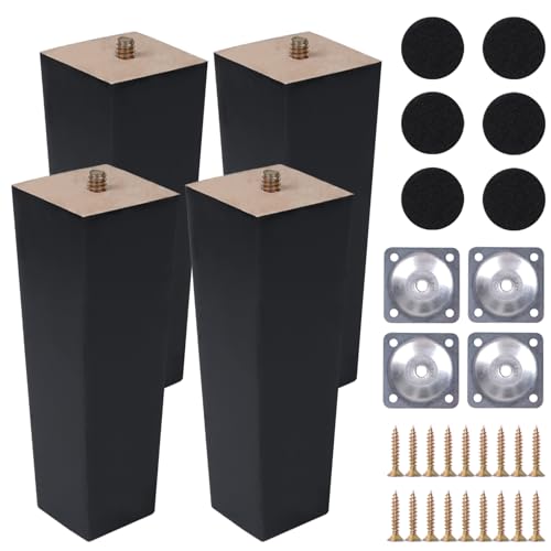 COEWUR 4 Piezas Patas para Muebles Madera Negro 25cm con Placa de Montaje Tornillos y Protectores de Suelo Pies para Muebles Cuadradas para Mesa de Té Sofá Cama Cajonera Mueble TV