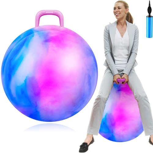 Lewtemi Hopper Ball for Adults, 29 Inch Bouncing Ball Hippity with Handle Rubber Hop, Jumping Hopping Exercise with Air Pump for Outdoors Sports Games Exercise (Blue Pink Cloud)