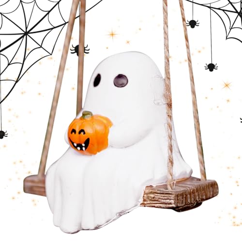 ゴーストカボチャオーナメント,揺れる白い幽霊とかぼちゃのハロウィン装飾 - 庭 ガーデン パティオ キャビネット デスクトップ オフィス 窓 室内 棚 ドア用のかわいいレジンペンダント装飾