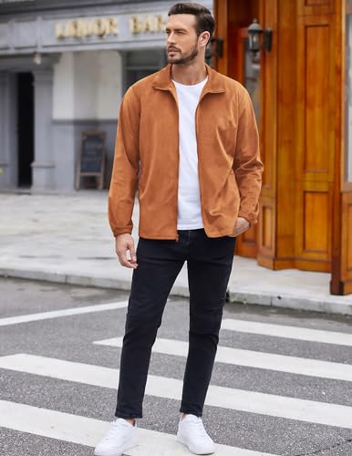 COOFANDY Jaqueta masculina leve com zíper, gola alta, veludo, com bolsos, Marrom claro, M