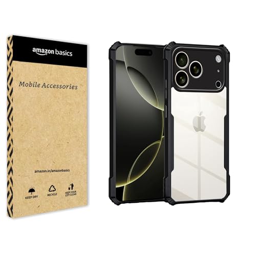 Image of amazon basics Clear Back Cover Case for iPhone 17 Pro | 360 Degree Protection | Transparent Back Cover Case for iPhone 17 Pro (PC & TPU, Black Bumper)