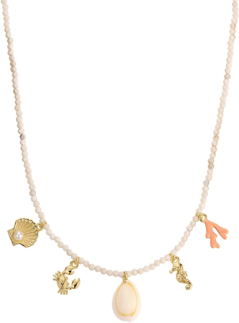 gorjana - Ocean Mini Charm Necklace - Women - Everyday Wear - Adjustable Chain Length - Mineralized Marble & Natural Shell, Assorted Charm Mix, Lobster Closure, 18k Gold Plated Brass