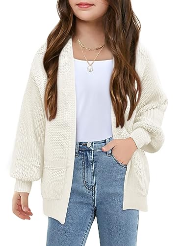 Girls Long Sleeve Cardigan Casual Open Front Lantern Sleeve Smoke Cuff Knit Sweater with Pockets for Kids 5-14 Years