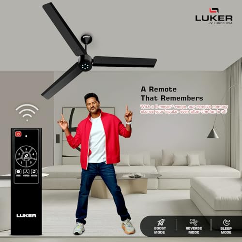 Image of LUKER JVLuker USA Size Zero Neo 1200mm BLDC Ceiling Fan with Remote, BEE 5 Star 65% Energy Saving, High Speed Air Delivery Low Noise, LED Indicators & Reverse Mode, Black-Black-Black, 3 years Warranty