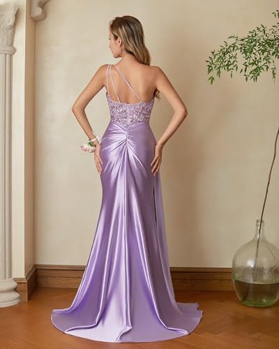 Womens One Shoulder Prom Dresses 2025 Elegant Mermaid Satin Ruched Formal Evening Dresses2