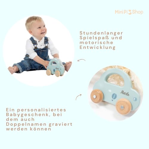 minipishop® Babygeschenke zur Geburt Junge personalisiert -Holzauto ab 1 Jahr als Spielzeug oder Babygeschenk Geburt türkis Erstes Auto mit Namen