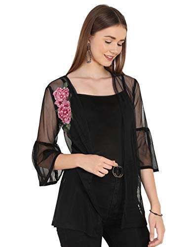 Image of UNFAKENOW Women Floral Embroidered Pearl Embellished Net Shrug