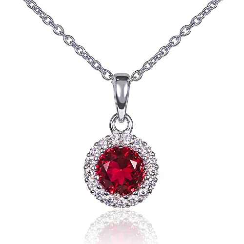 Diamond Treats 925 Sterling Silber Anhänger Halskette mit einem rubinroten Stein und einem Zirkon Rand, Sterling Silber Halskette für Damen mit einem roten Stein, Silberschmuck für Frauen