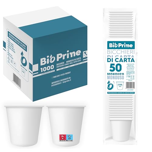 BioPrime - 1000pz - Bicchieri Acqua in Carta 200ml - Bicchieri 200ml Biodegradabili - Per Bevande Calde, Acqua e Bibite - Bicchieri Usa e Getta.