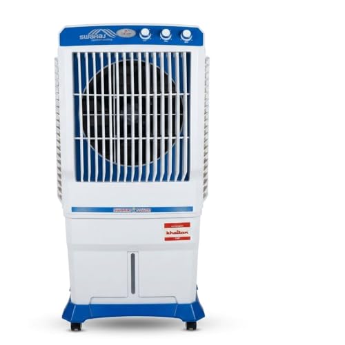 Image of Swaraj Tower Air Cooler, White and Blue, Comfort Cooling, Fitted with Powerfull Pump for office and home use