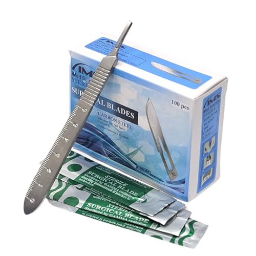 IMEDS Scalpel Blades #10 Sharp Carbon-Steel Sterile Pack of 100 with Free Stainless Steel Scalpel Handle #3 Graduated Kit to Make Finest Precision Cuts, Durable Quality for Experts & Professionals