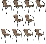 BTEXPERT Indoor Outdoor - Set of Ten Brown Patio Backyard Bistro Restaurant Chairs Rattan Stackable Cafe Arm Chairs