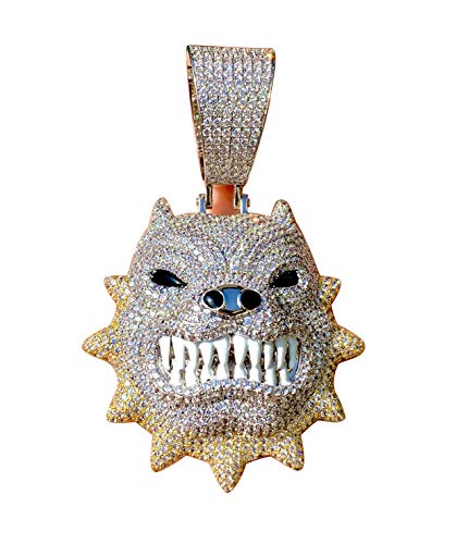 Men's 14k Gold Finish Big Pitbull Dog Iced Prong Set 2 Tone Pendant for Cuban Chain Men, Animal Pendant, Large Angry Dog Charm (Pitbull Dog Pendant Only) Fits upto 18mm