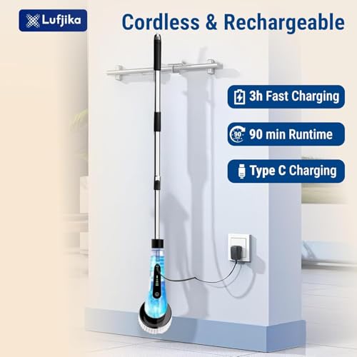 Image of Royal Electric Spin Scrubber, Cleaning Brush Scrubber for Home, 300RPM /Min, 8 Replaceable Brush Heads, 90 Min Work Time, 3 Adjustable Size, 2 Adjustable Speeds, for Bathroom, Floor Tiles (White)