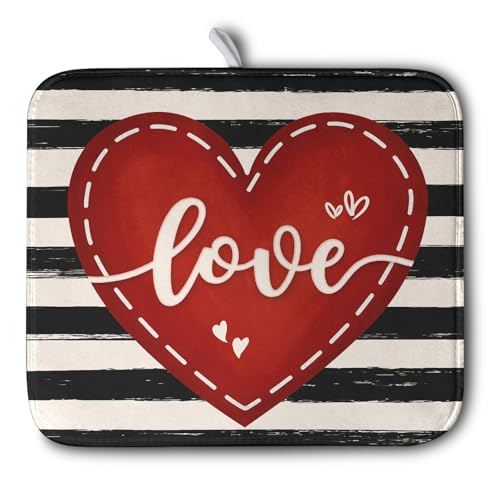 Kwlegh Valentine's Day Dish Drying Mat for Kitchen Counter 16x18 Black White Stripes Red Love Heart Dishes Drainer Mats Absorbent Dish Pad Large Dish Draining Mat for Coffee Bar