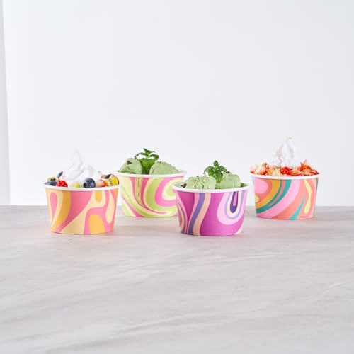 Image of Restaurantware Paper Cups 200 Count 8 Ounce Square Disposable Ice Cream Containers, Leak-Resistant Paper Dessert To Go Cups, Hot And Cold Food, Durable Assorted Groove Swirl Design